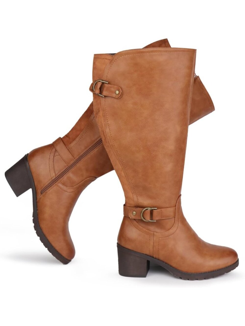 Women's Tan Wide Calf Block Heel and Decorated Double Buckle  Knee High Boots